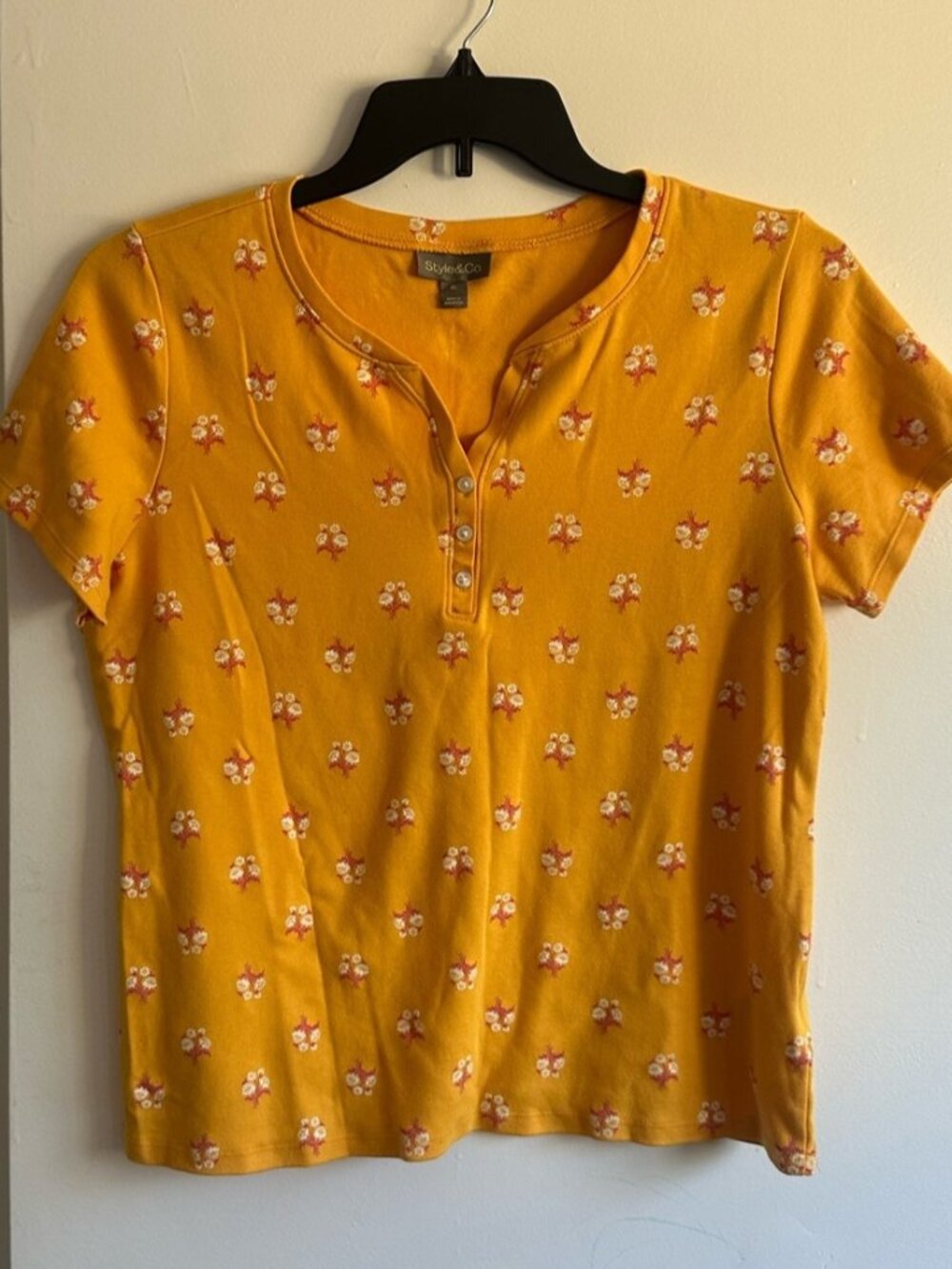 Yellow Short-Sleeve Henley with Floral Print
